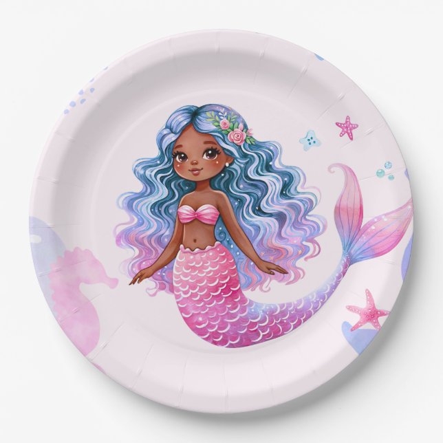 Assiettes En Carton Sirène de peau foncée avec rose et pourpre (Devant)
