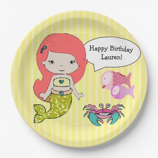 Assiettes En Carton Sirène de tête rouge Jaune Plaques de fête d'anniv (Devant)