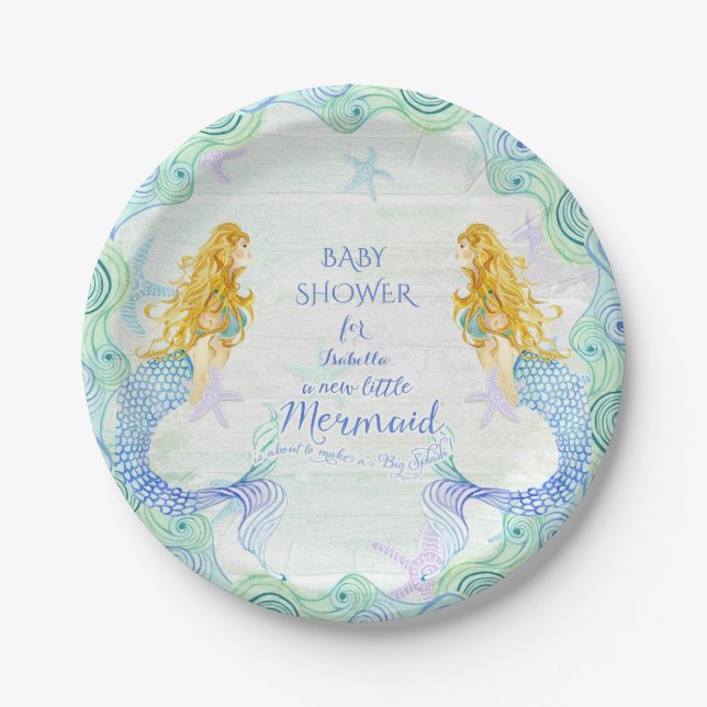 Assiettes En Carton Sirène en Baby shower Starfish Aquarelle Bois Art (Devant)