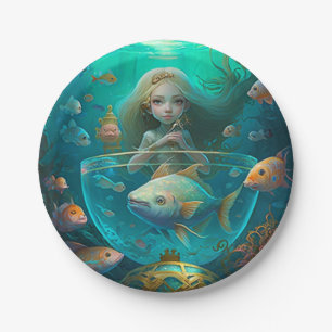 Assiettes En Carton Sirène nageant avec le poisson mignon papier d'hor