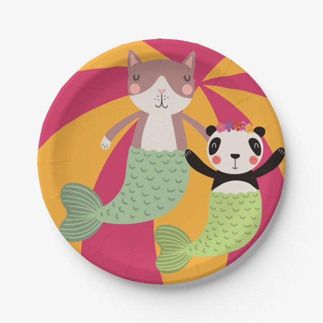 Assiettes En Carton Sirènes d'été de chat et de panda (Devant)