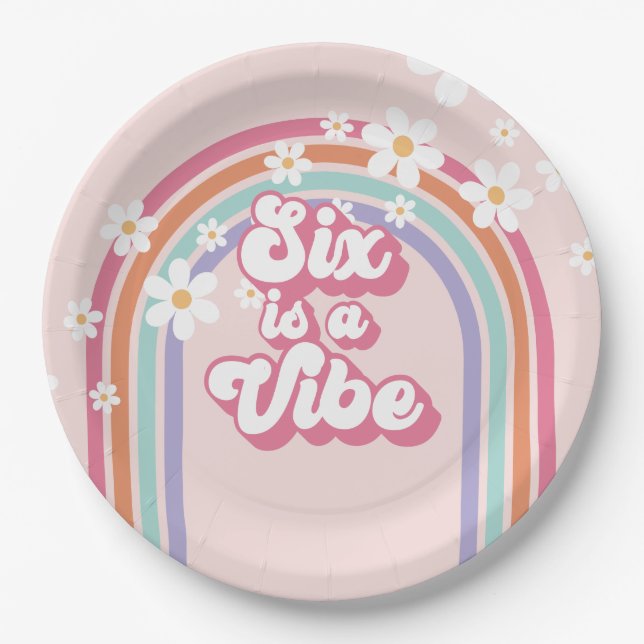 Assiettes En Carton Six est Vibe Rainbow Pink 6e anniversaire (Devant)