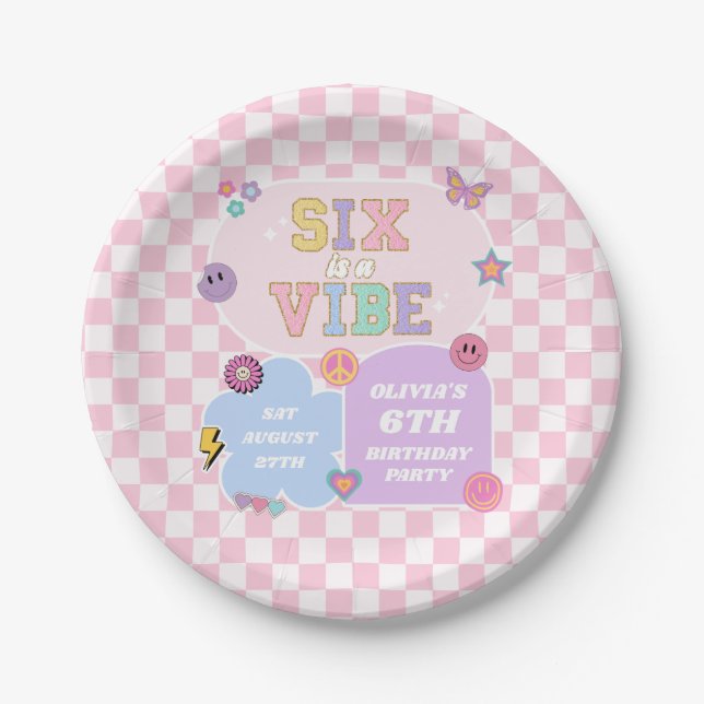 Assiettes En Carton Six Is A Vibe Preppy Patch 6e Anniversaire (Devant)