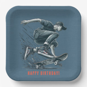 Assiettes En Carton Skateboarder bleu Burnt Orange Joyeux Birthday Boy