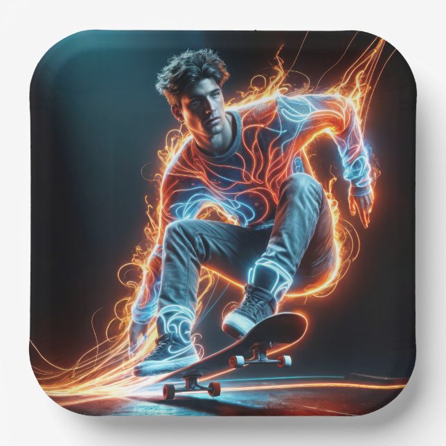 Assiettes En Carton Skateur en Néon avec des Traînées de Lumière Arden (Recto)