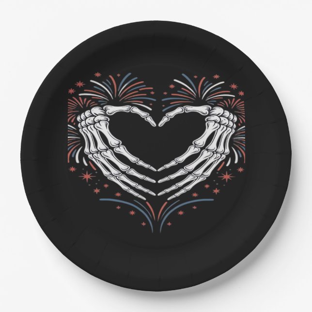 Assiettes En Carton Skeleton Coeur main 4ème De L'Amérique Patriotique (Devant)