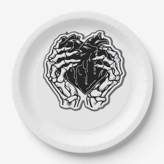 Assiettes En Carton Skeleton Heart Hands Drôle (Devant)