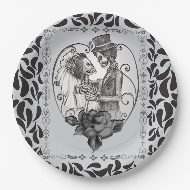 Assiettes En Carton Skeleton Love Couple Mariage Danse Mariage gothiqu (Devant)