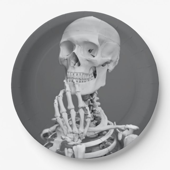 Assiettes En Carton Skeleton Skeleton Halloween gris noir et blanc (Devant)