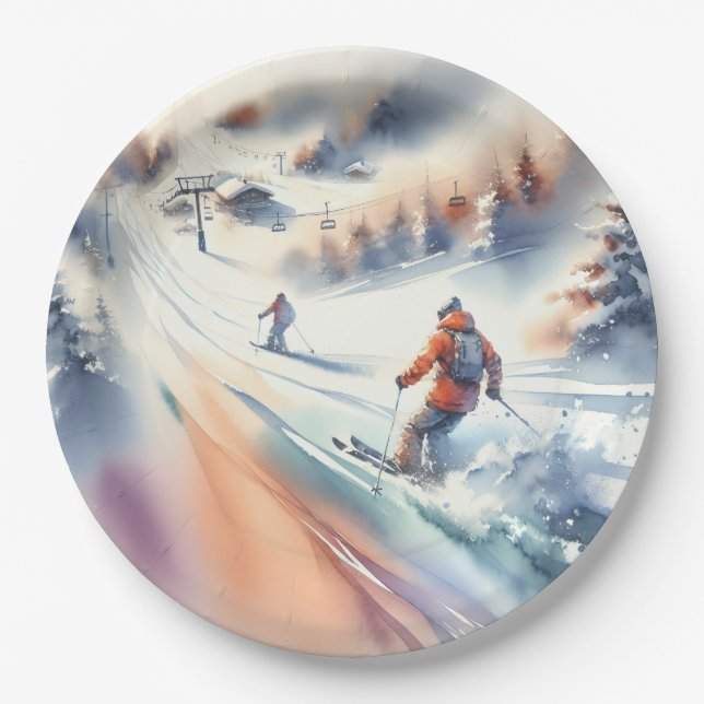 Assiettes En Carton Ski De Neige En Aquarelle (Devant)