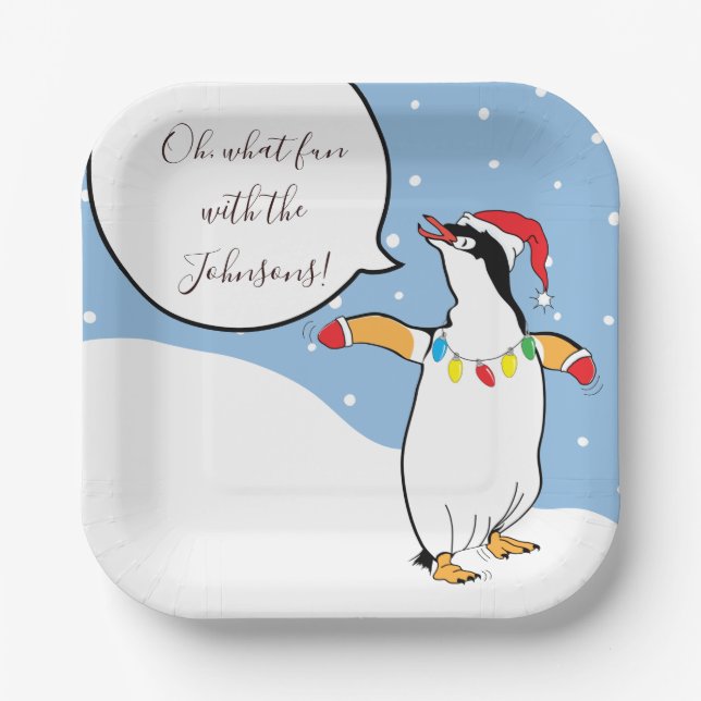Assiettes En Carton Ski de pingouin de Noël (Recto)