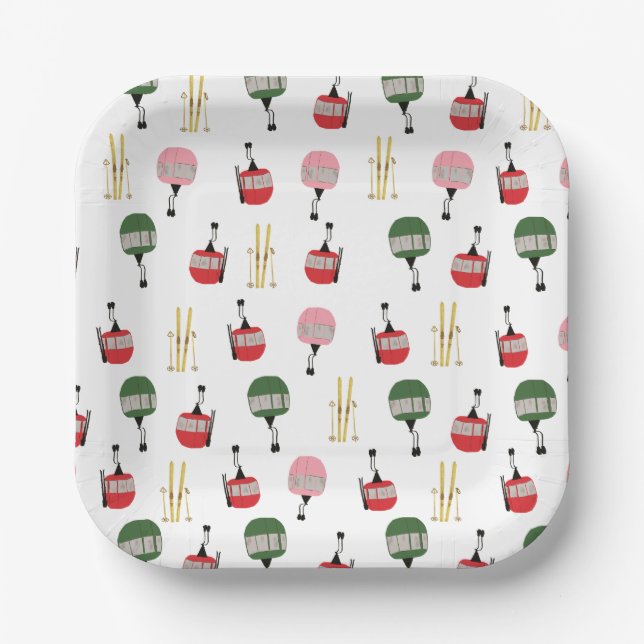 Assiettes En Carton Ski d'hiver Gondola retro blanc (Recto)