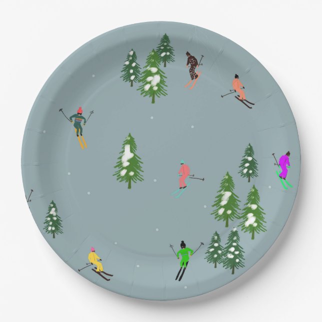 Assiettes En Carton Ski d'ouverture Noël Ski de vacances Skieurs Bleu (Devant)
