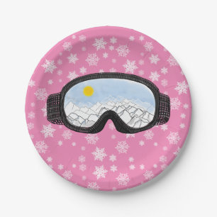 Assiettes En Carton Ski Goggets Mountain View Flocs de neige rose
