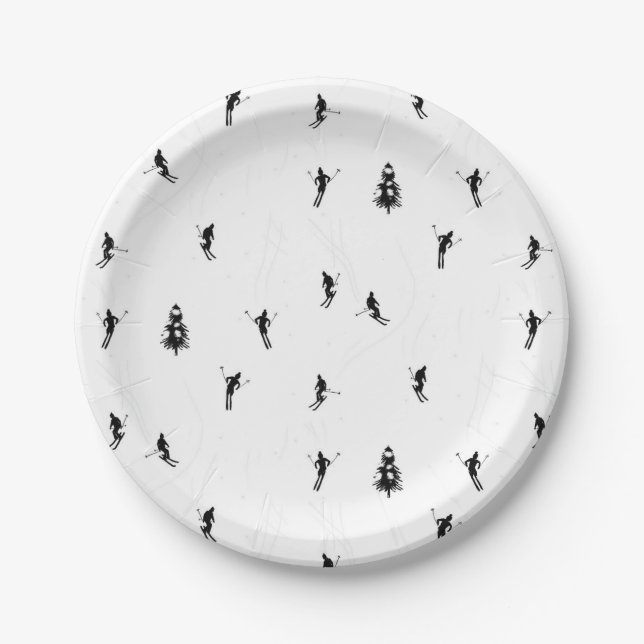 Assiettes En Carton Ski Moderne Ski Noir & Blanc Ski Thème Ski (Devant)