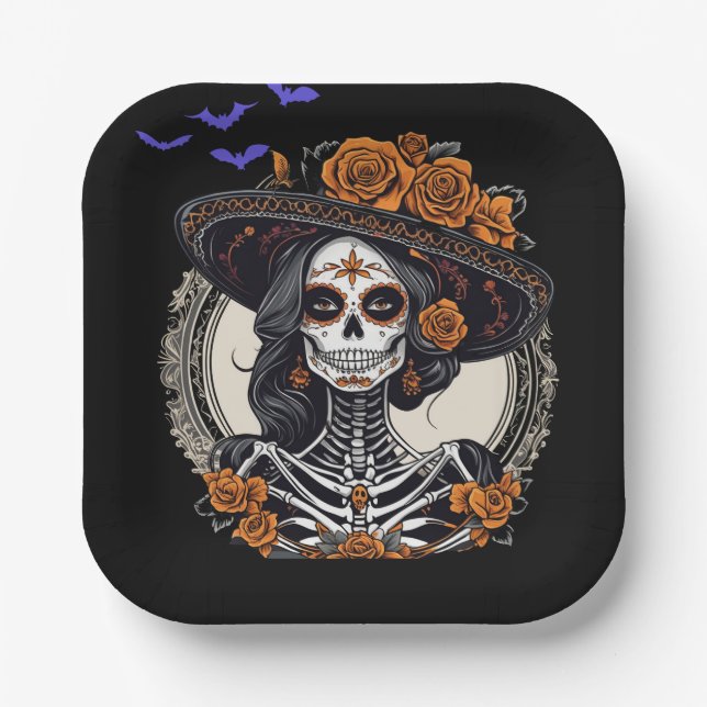 Assiettes En Carton Skulls Day of Dead Catrina Skeleton (Recto)