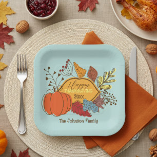 Assiettes En Carton Sky Blue Fall Foliing Citrouille Thanksgiving Dîne