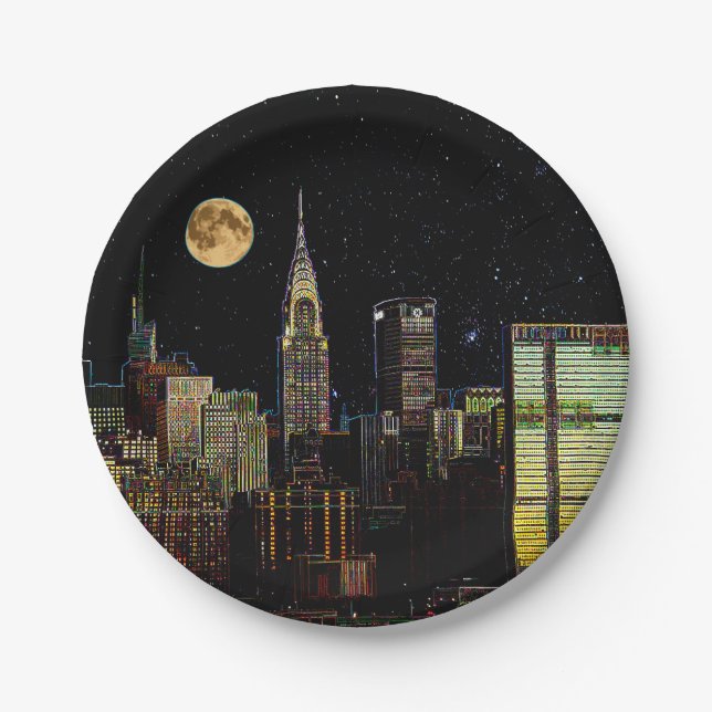 Assiettes En Carton Skyline New York La Nuit Avec Pleine lune (Devant)