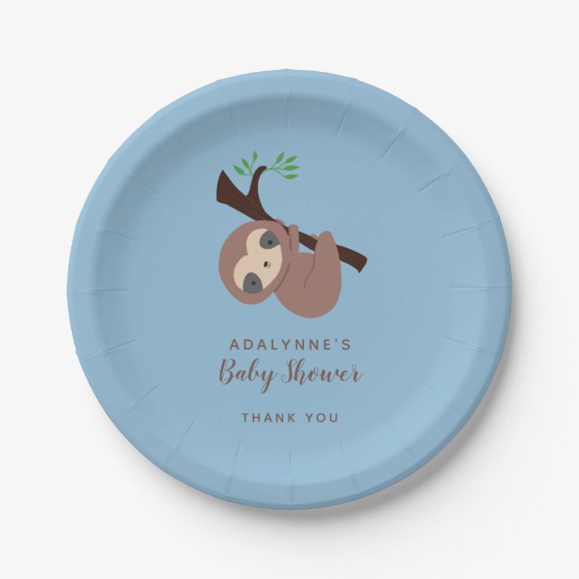 Assiettes En Carton Sloth Baby shower Boy Blue Script Brown (Devant)