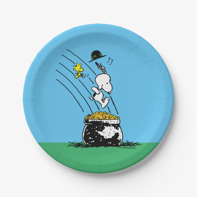 Assiettes En Carton Snoopy Jumping dans le pot d'or (Devant)