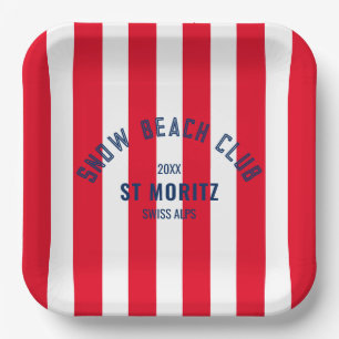 Assiettes En Carton Snow Beach Club Red Cabana Stripe Custom Ski