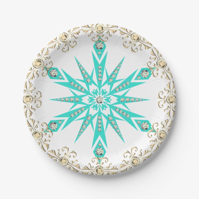 Assiettes En Carton Snowflake diamant blanc turquoise du milieu du siè (Devant)