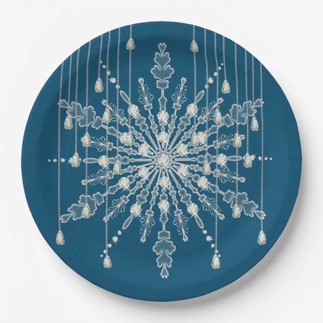 Assiettes En Carton Snowflake losange élégant hiver bleu gris (Devant)