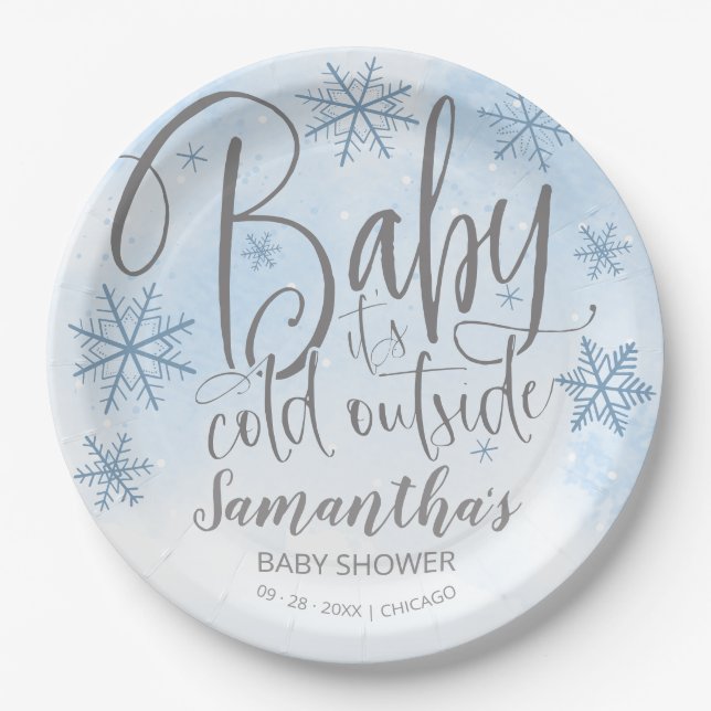 Assiettes En Carton Snowflakes Baby It's Cold Outside Boy Baby shower (Devant)