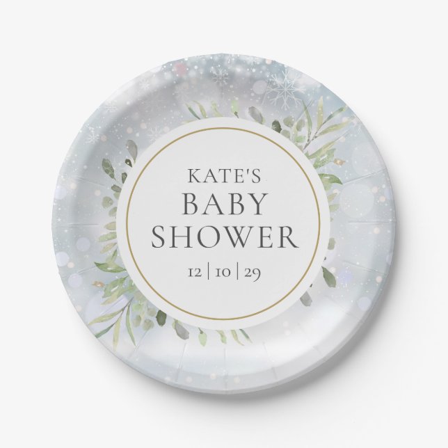 Assiettes En Carton Snowflakes d'hiver Baby shower verdoyant (Devant)