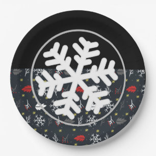 Assiettes En Carton Snowflakes et Feuilles de Noël avec dos noir