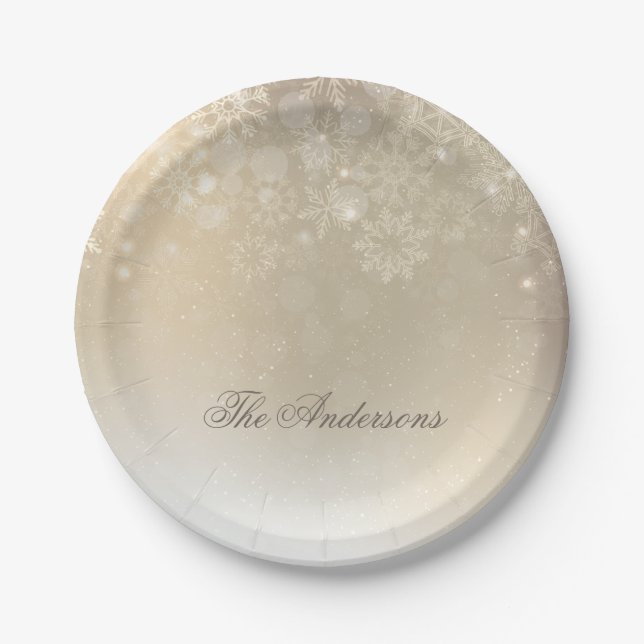 Assiettes En Carton Snowflakes Gold Personnalisé Vacances | Plaques de (Devant)