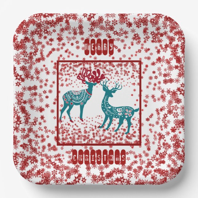 Assiettes En Carton Snowflakes Nordic Joyeux renne de Noël Scandia (Recto)