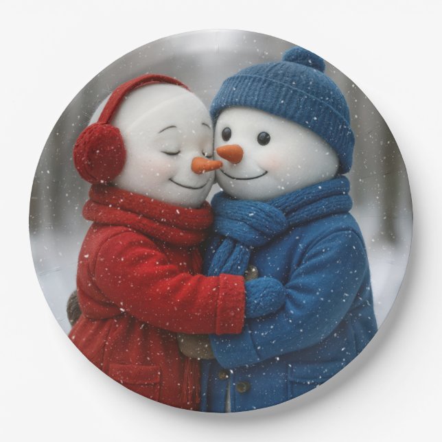 Assiettes En Carton Snowflakes on Snowman Couple in Winter Forest (Devant)