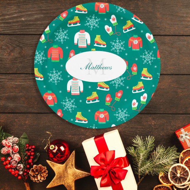 Assiettes En Carton Snowflakes Turquoise Monogramme Motif Noël (Créateur téléchargé)