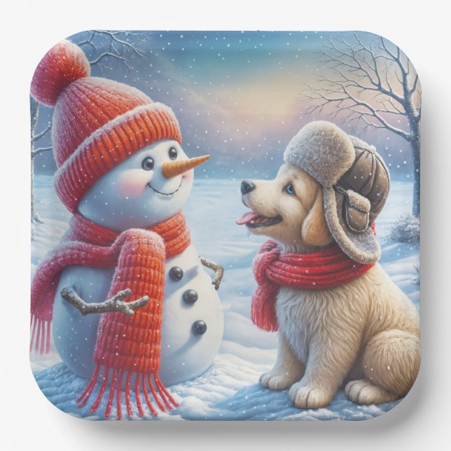 Assiettes En Carton Snowman Avec Chien (Recto)