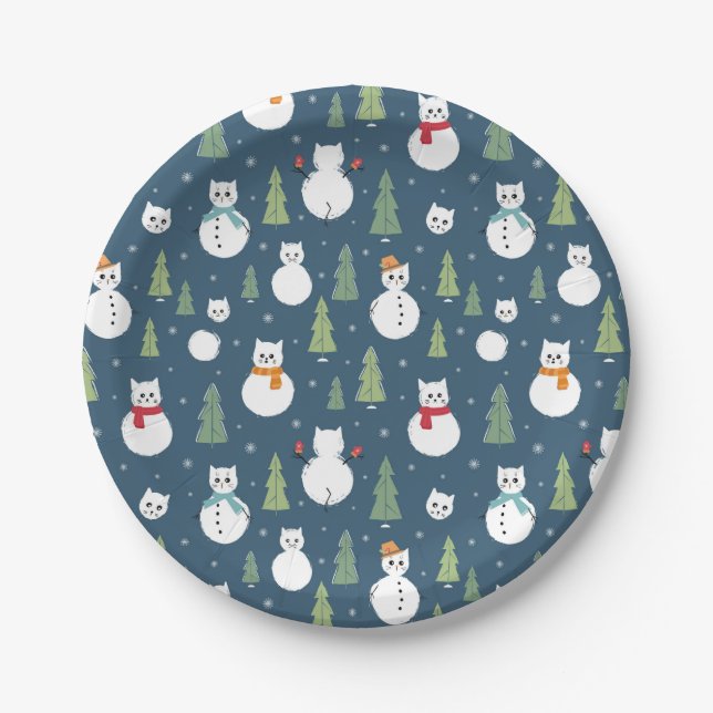 Assiettes En Carton Snowman Cats Motif de vacances (Devant)