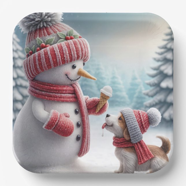 Assiettes En Carton Snowman de Noël avec chien (Recto)