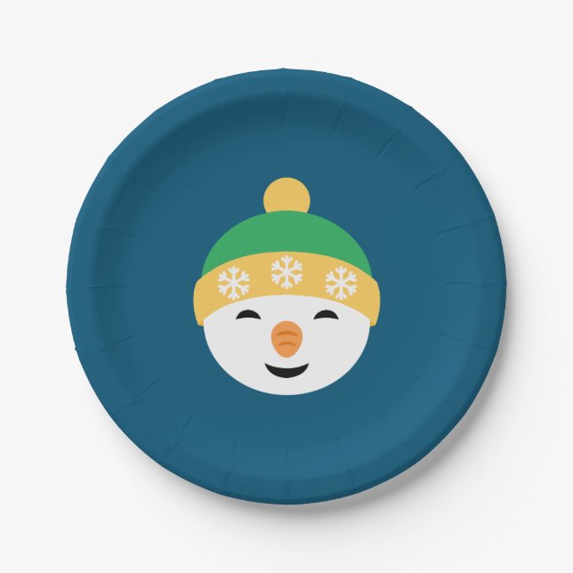 Assiettes En Carton Snowman de Noël en Casquette vert sur bleu (Devant)