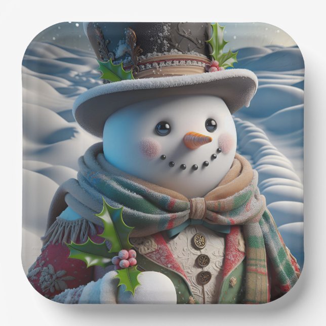 Assiettes En Carton Snowman en haut Chapeau et Écharpe, Noël, Auteur N (Recto)