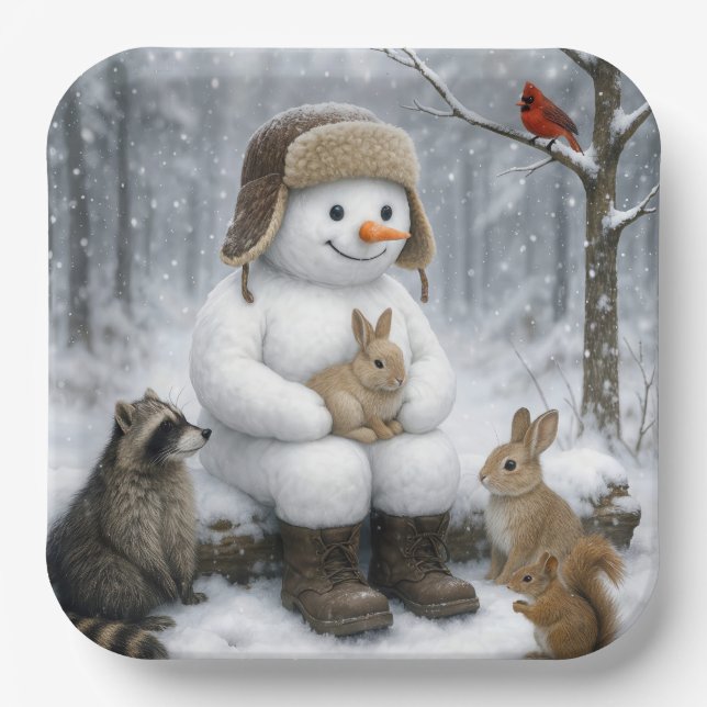 Assiettes En Carton Snowman In Winter Woods With Animal Friends (Recto)