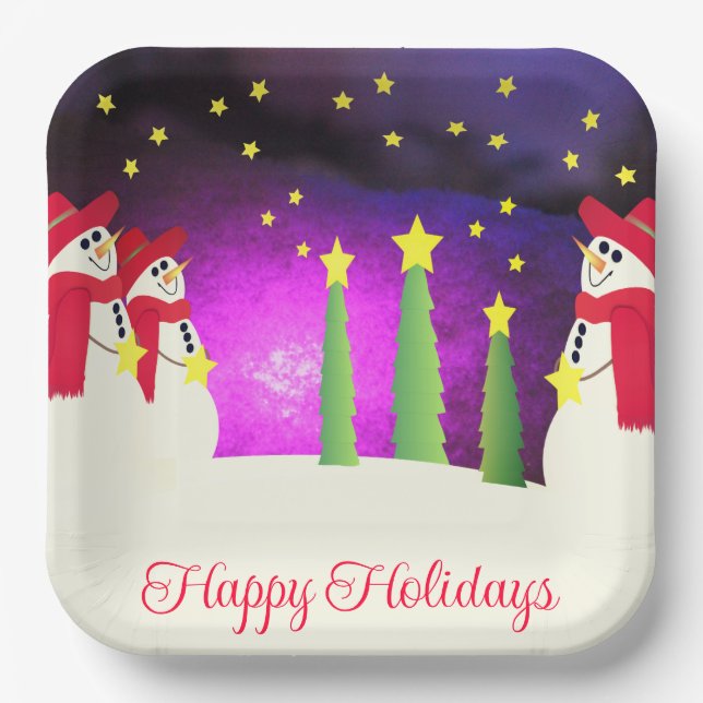 Assiettes En Carton Snowman Mignonne Avec Rouge Et Violet (Recto)