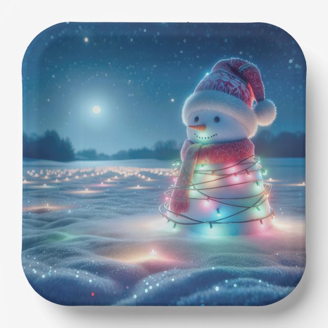 Assiettes En Carton Snowman Tangé Dans Les Lumières De Noël (Recto)