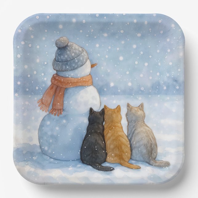 Assiettes En Carton Snowmen and Cats In a Snowy Field (Recto)