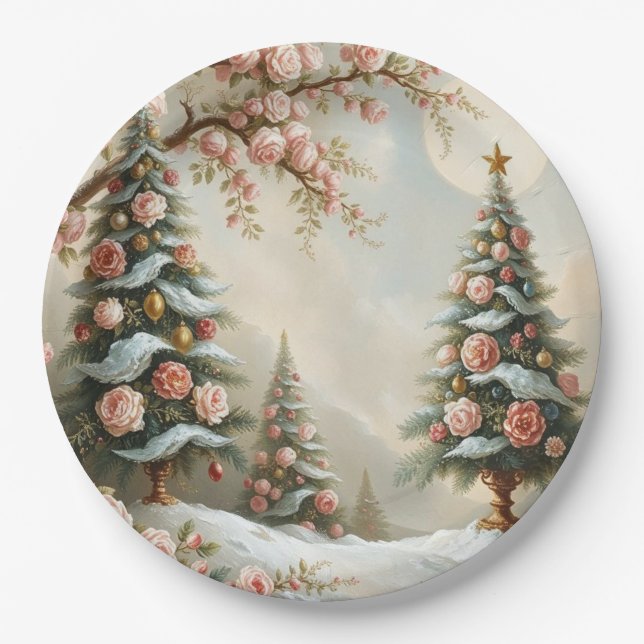 Assiettes En Carton Snowy Scene with Christmas Trees and Pink Roses (Devant)