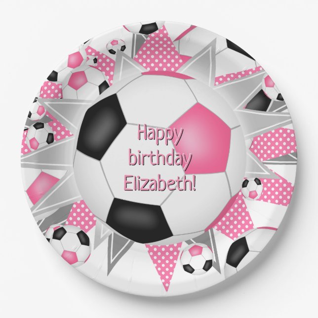 Assiettes En Carton soccerball noir rose souffle sport anniversaire (Devant)