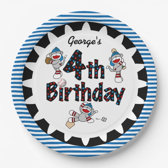 Assiettes En Carton Sock Monkey Baseball 4e Anniversaire Plaques de pa (Devant)