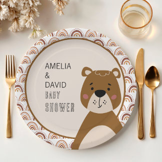 Assiettes En Carton Soft Boho Bear Neutral Baby Shower Table
