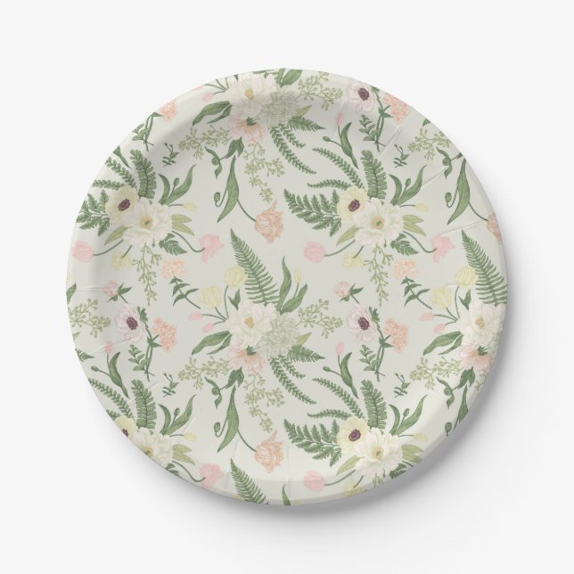 Assiettes En Carton Soft Mint Green Garden Motif (Devant)