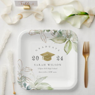 Assiettes En Carton Soft Pastel Gold Green Foliage Graduation Cap