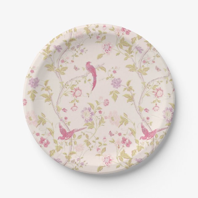 Assiettes En Carton Soft Rose Oriental Birds Design Party (Devant)